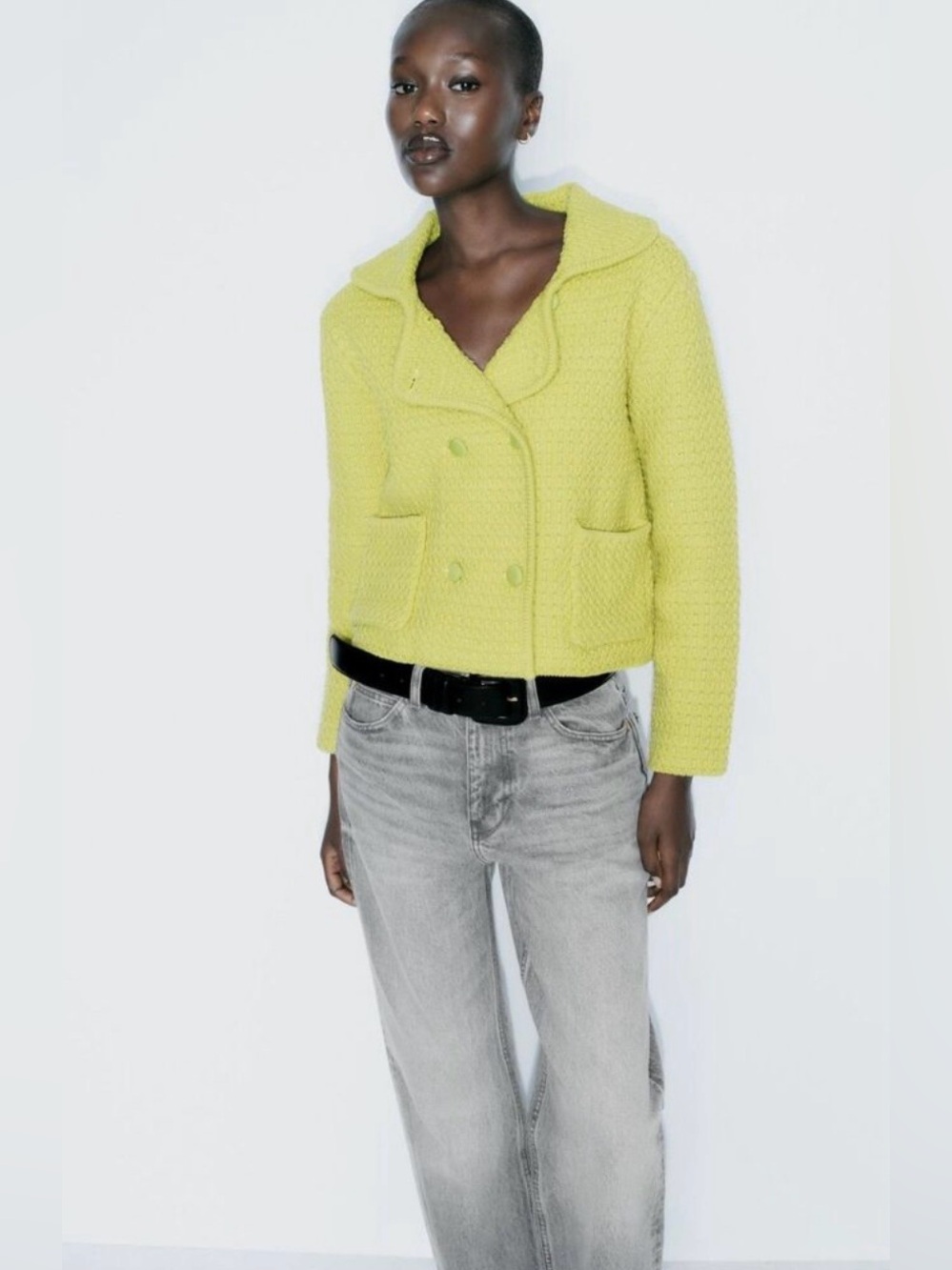 Zara Chunky Knit Cardigan With Peter Pan Collar in Lime Green - Picture 2 of 10